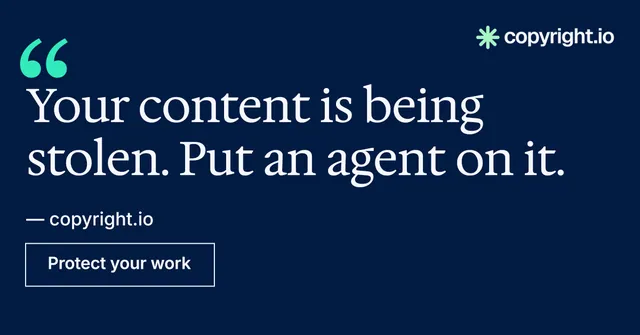 Social ad for copyright.io: "Continuous protection for creators." Editorial style, quote layout, dark palette in blue.
