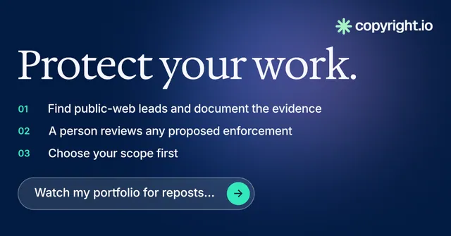 Social ad for copyright.io: "Protect your work." Agentic glass style, numbered layout, dark palette in blue.