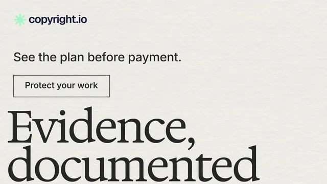 Landscape graphic for copyright.io: "Evidence, documented." Editorial style, oversized layout, light palette in white, grey, green.