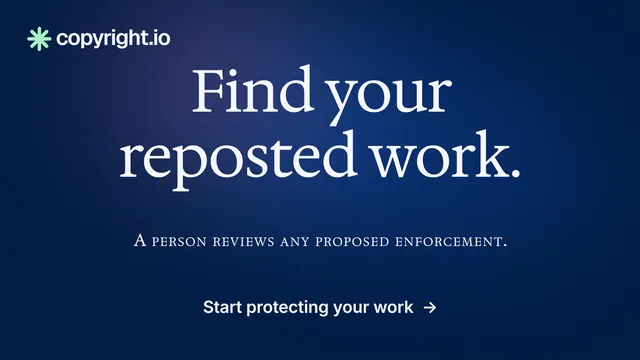 Landscape graphic for copyright.io: "Find your reposted work." Agentic glass style, smallcaps layout, dark palette in blue.