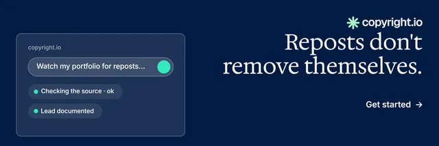 X header for copyright.io: "Reposts don't remove themselves." Minimal luxury style, right layout, dark palette in blue.