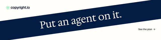 LinkedIn banner for copyright.io: "Put an agent on it." Minimal luxury style, diagonal layout, light palette in white, blue.