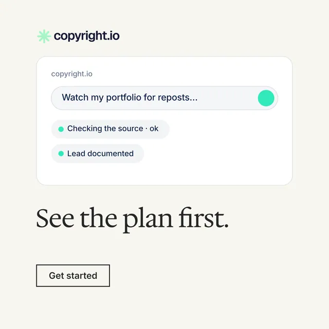 Instagram post for copyright.io: "See the plan first." Editorial style, bottom layout, light palette in white.