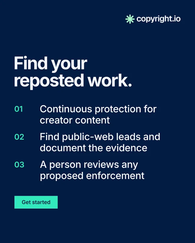 Instagram portrait post for copyright.io: "Find your reposted work." Swiss style, numbered layout, dark palette in blue.