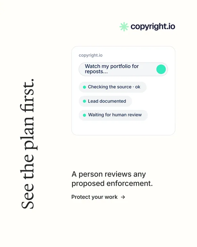 Instagram portrait post for copyright.io: "See the plan first." Minimal luxury style, vertical layout, light palette in white.