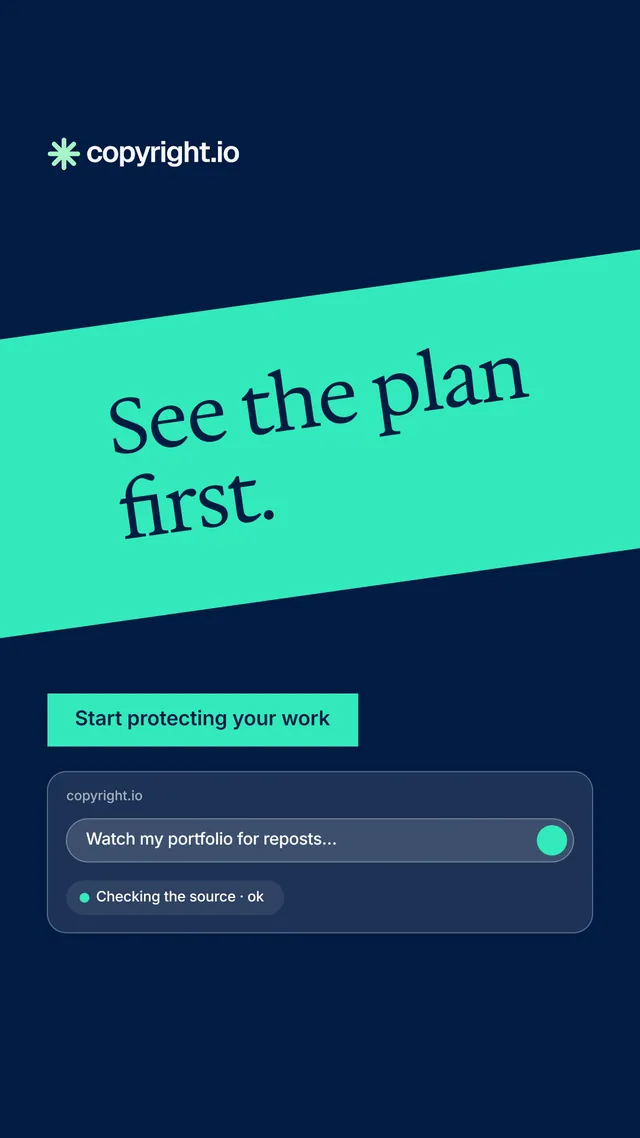 Instagram story for copyright.io: "See the plan first." Split block style, diagonal layout, dark palette in blue, teal.