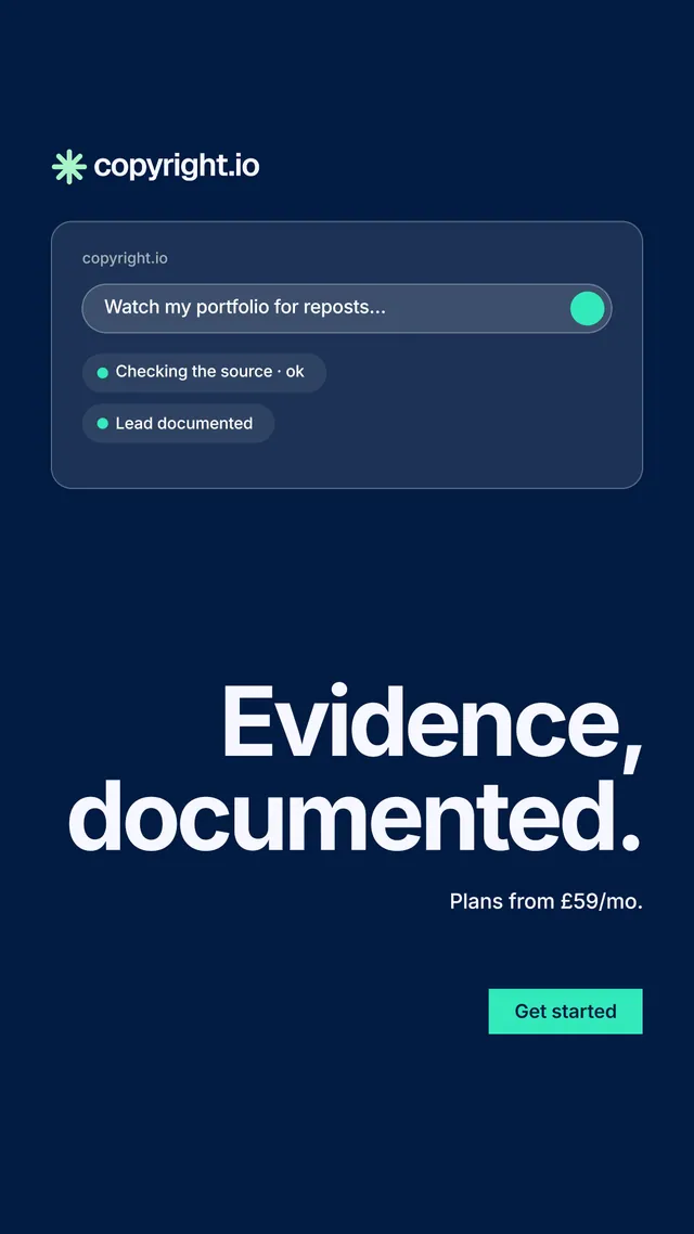 Instagram story for copyright.io: "Evidence, documented." Swiss style, right layout, dark palette in blue.