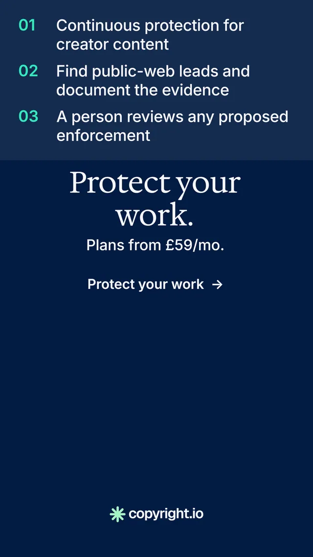 Instagram story for copyright.io: "Protect your work." Minimal luxury style, skeleton layout, dark palette in blue.