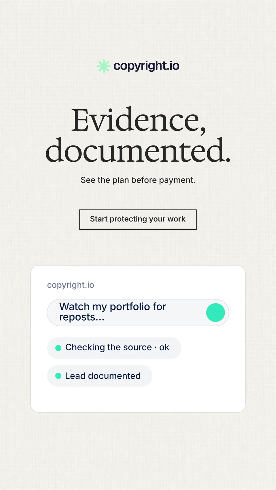 Instagram story for copyright.io: "Evidence, documented." Editorial style, centred layout, light palette in white.