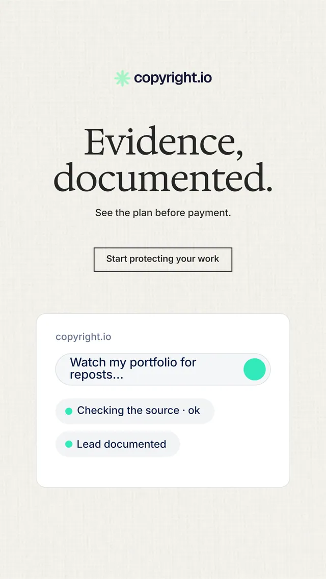 Instagram story for copyright.io: "Evidence, documented." Editorial style, centred layout, light palette in white.