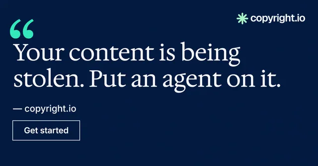 Social ad for copyright.io: "Evidence, documented." Editorial style, quote layout, dark palette in blue, black.