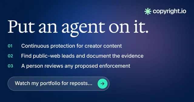 Social ad for copyright.io: "Put an agent on it." Agentic glass style, numbered layout, dark palette in blue.