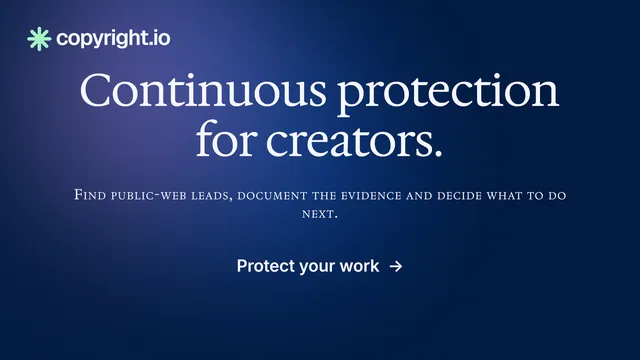 Landscape graphic for copyright.io: "Continuous protection for creators." Agentic glass style, smallcaps layout, dark palette in blue.