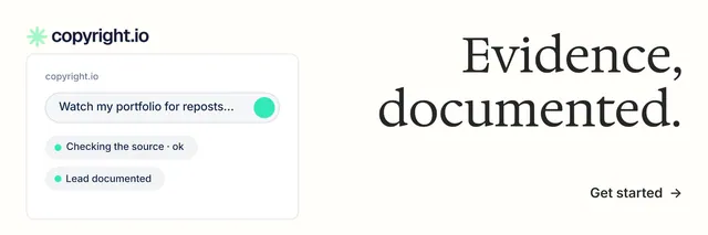 X header for copyright.io: "Evidence, documented." Minimal luxury style, right layout, light palette in white.