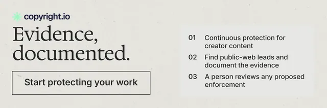 X header for copyright.io: "Evidence, documented." Editorial style, skeleton layout, light palette in white, grey.