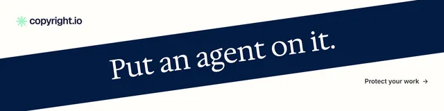 LinkedIn banner for copyright.io: "Put an agent on it." Minimal luxury style, diagonal layout, light palette in white, blue.