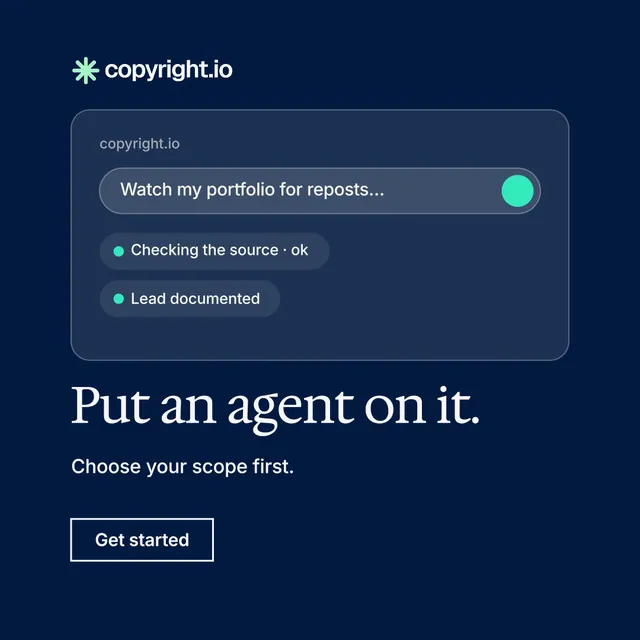 Instagram post for copyright.io: "Put an agent on it." Editorial style, bottom layout, dark palette in blue.
