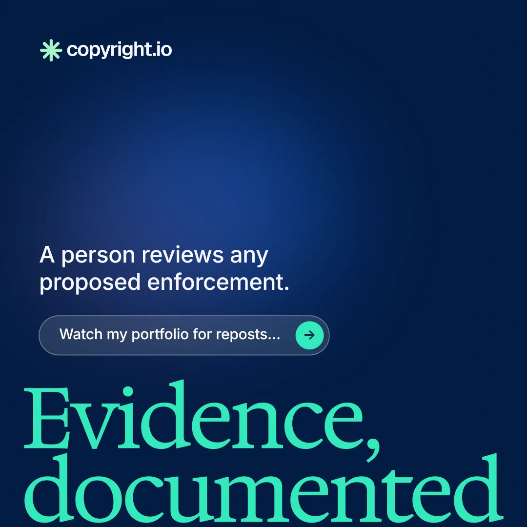 Instagram post for copyright.io: "See the plan first." Agentic glass style, oversized layout, dark palette in blue.
