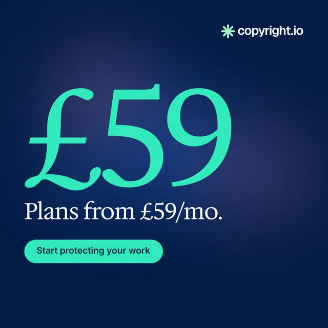 Instagram post for copyright.io: "See the plan first." Y2K style, stat layout, dark palette in blue, teal.