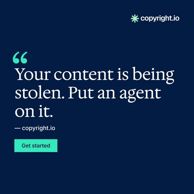 Instagram post for copyright.io: "Continuous protection for creators." Split block style, quote layout, dark palette in blue.