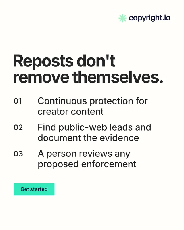 Instagram portrait post for copyright.io: "Reposts don't remove themselves." Swiss style, numbered layout, light palette in white, grey.