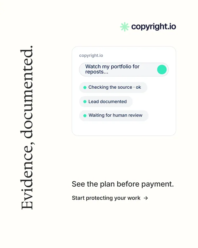 Instagram portrait post for copyright.io: "Evidence, documented." Minimal luxury style, vertical layout, light palette in white.