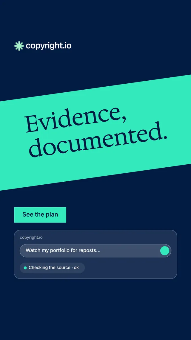 Instagram story for copyright.io: "Evidence, documented." Split block style, diagonal layout, dark palette in blue, teal.
