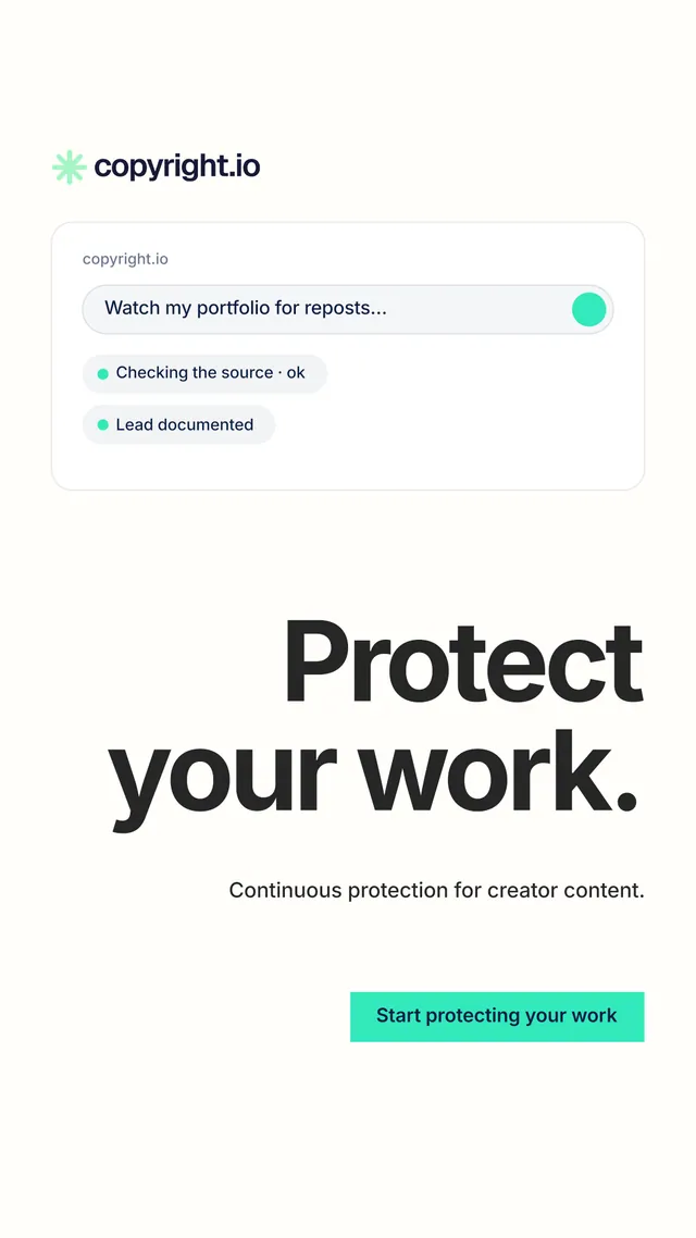 Instagram story for copyright.io: "Protect your work." Swiss style, right layout, light palette in white, grey.