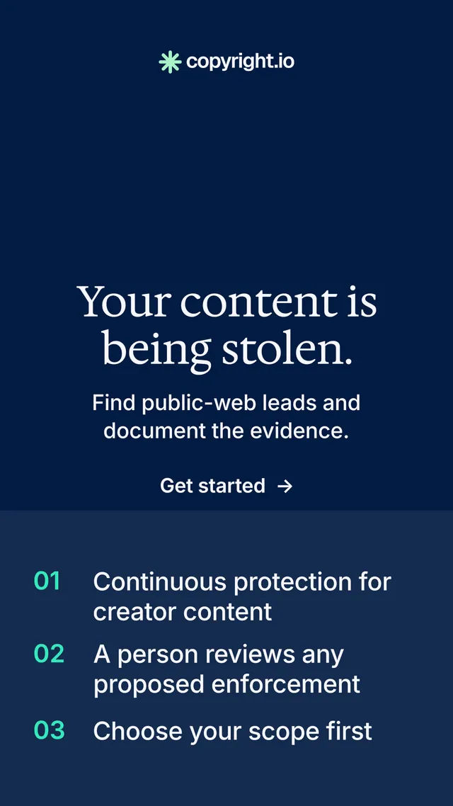 Instagram story for copyright.io: "Your content is being stolen." Minimal luxury style, skeleton layout, dark palette in blue.