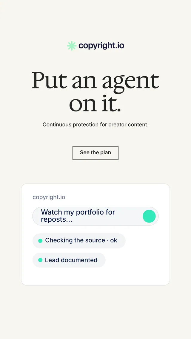 Instagram story for copyright.io: "Put an agent on it." Editorial style, centred layout, light palette in white.