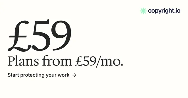 Social ad for copyright.io: "Your content is being stolen." Minimal luxury style, stat layout, light palette in white, grey.