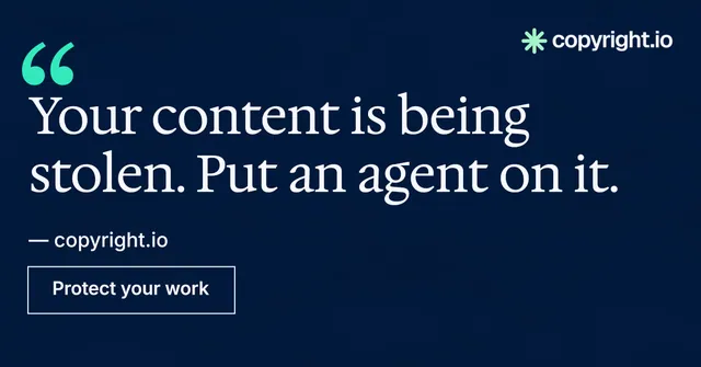 Social ad for copyright.io: "Continuous protection for creators." Editorial style, quote layout, dark palette in black, blue.
