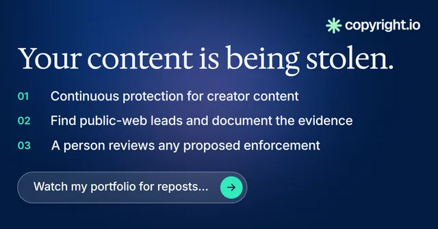 Social ad for copyright.io: "Your content is being stolen." Agentic glass style, numbered layout, dark palette in blue.