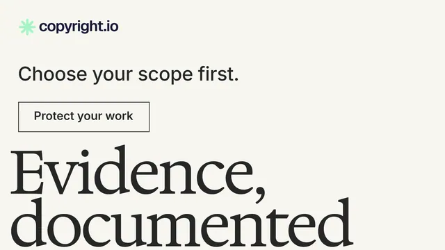 Landscape graphic for copyright.io: "Evidence, documented." Editorial style, oversized layout, light palette in white, grey.