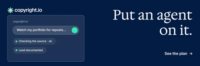 X header for copyright.io: "Put an agent on it." Minimal luxury style, right layout, dark palette in blue.