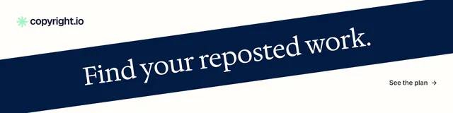LinkedIn banner for copyright.io: "Find your reposted work." Minimal luxury style, diagonal layout, light palette in white, blue.