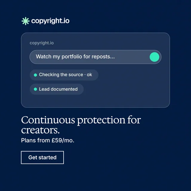 Instagram post for copyright.io: "Continuous protection for creators." Editorial style, bottom layout, dark palette in blue.