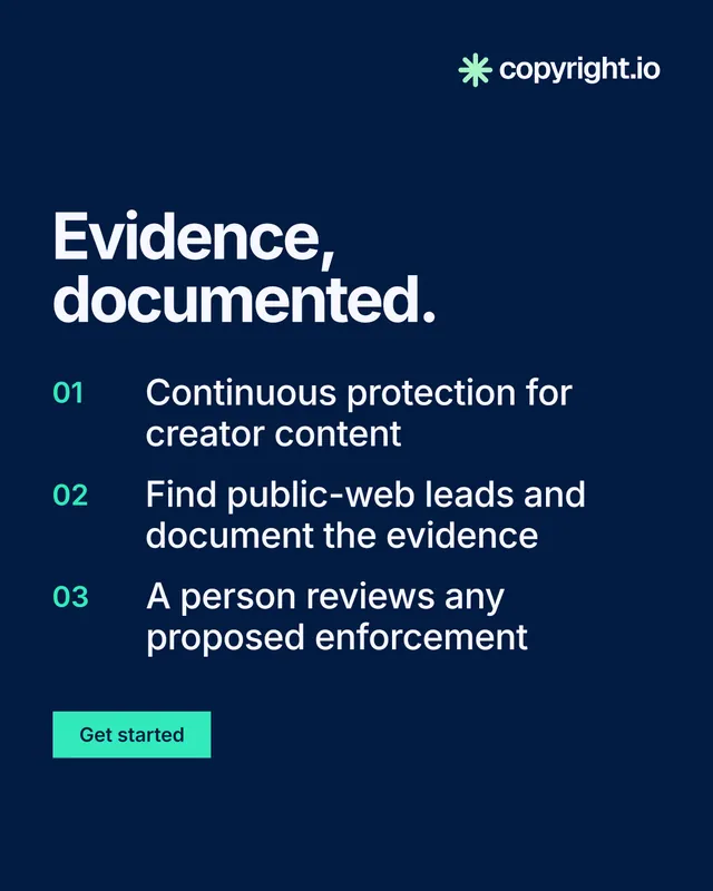 Instagram portrait post for copyright.io: "Evidence, documented." Swiss style, numbered layout, dark palette in blue.