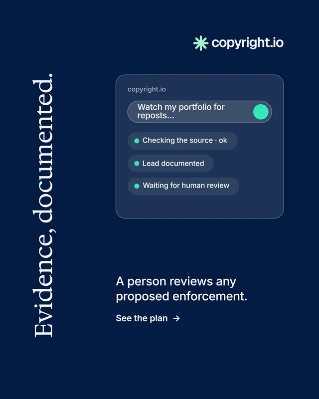 Instagram portrait post for copyright.io: "Evidence, documented." Minimal luxury style, vertical layout, dark palette in blue.