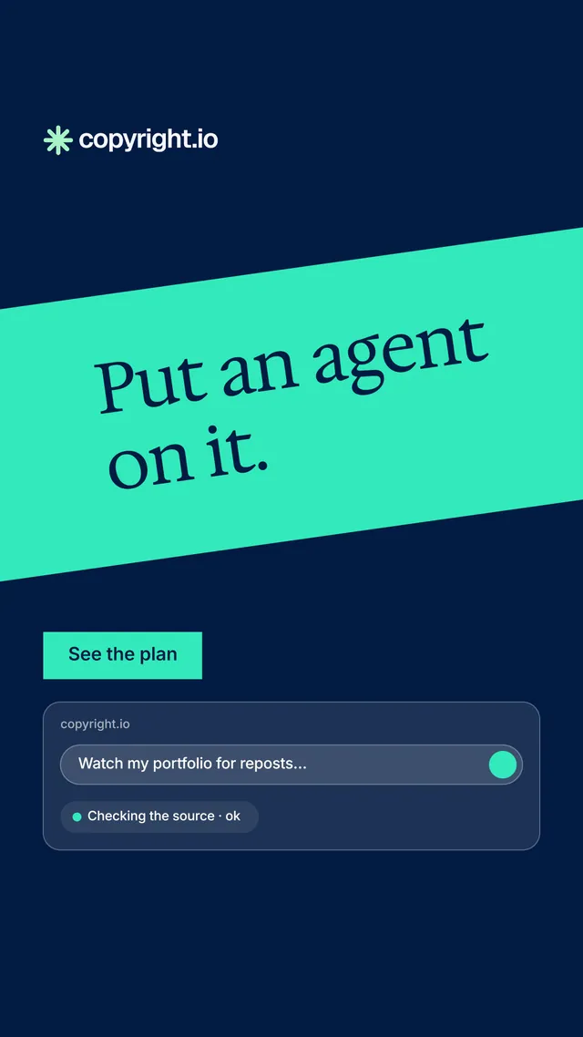 Instagram story for copyright.io: "Put an agent on it." Split block style, diagonal layout, dark palette in blue, teal.