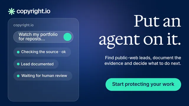Landscape graphic for copyright.io: "Put an agent on it." Y2K style, right layout, dark palette in blue, teal.