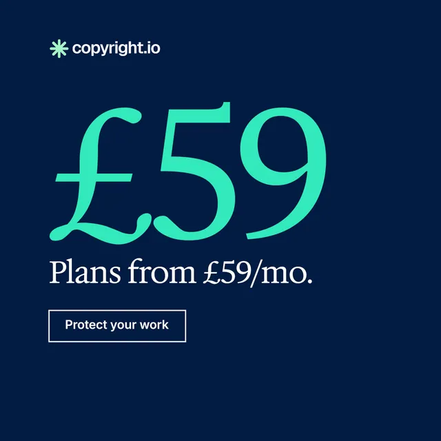 Instagram post for copyright.io: "Reposts don't remove themselves." Editorial style, stat layout, dark palette in blue, teal.