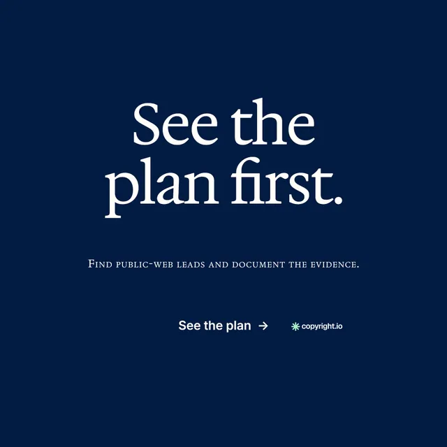 Instagram post for copyright.io: "See the plan first." Editorial style, smallcaps layout, dark palette in blue.