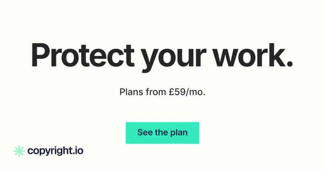 Social ad for copyright.io: "Protect your work." Swiss style, centred layout, light palette in white, grey.