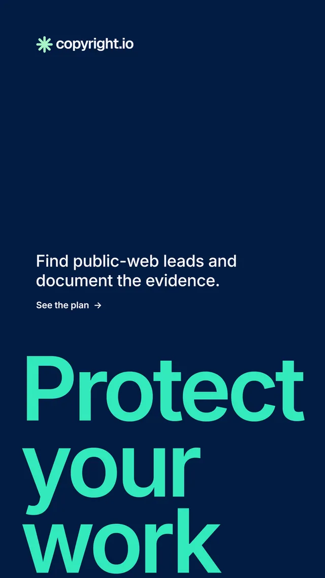 Instagram story for copyright.io: "Protect your work." Minimal luxury style, oversized layout, dark palette in blue, teal.