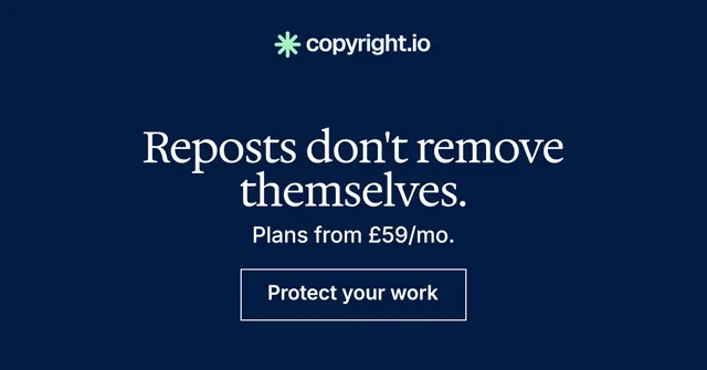 Social ad for copyright.io: "Reposts don't remove themselves." Editorial style, skeleton layout, dark palette in blue.