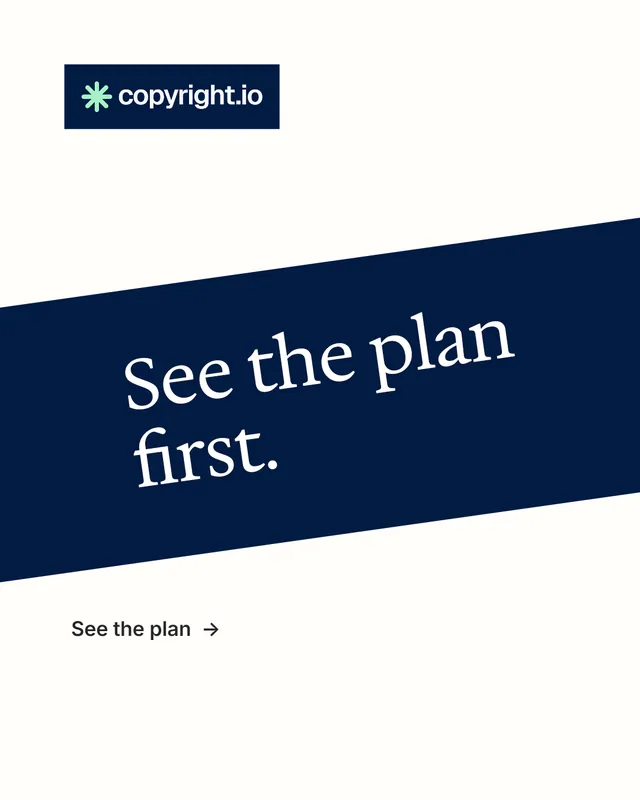 Instagram portrait post for copyright.io: "See the plan first." Minimal luxury style, diagonal layout, light palette in white, blue.