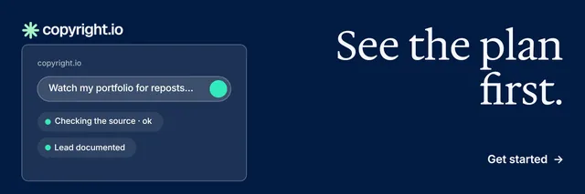 X header for copyright.io: "See the plan first." Minimal luxury style, right layout, dark palette in blue.