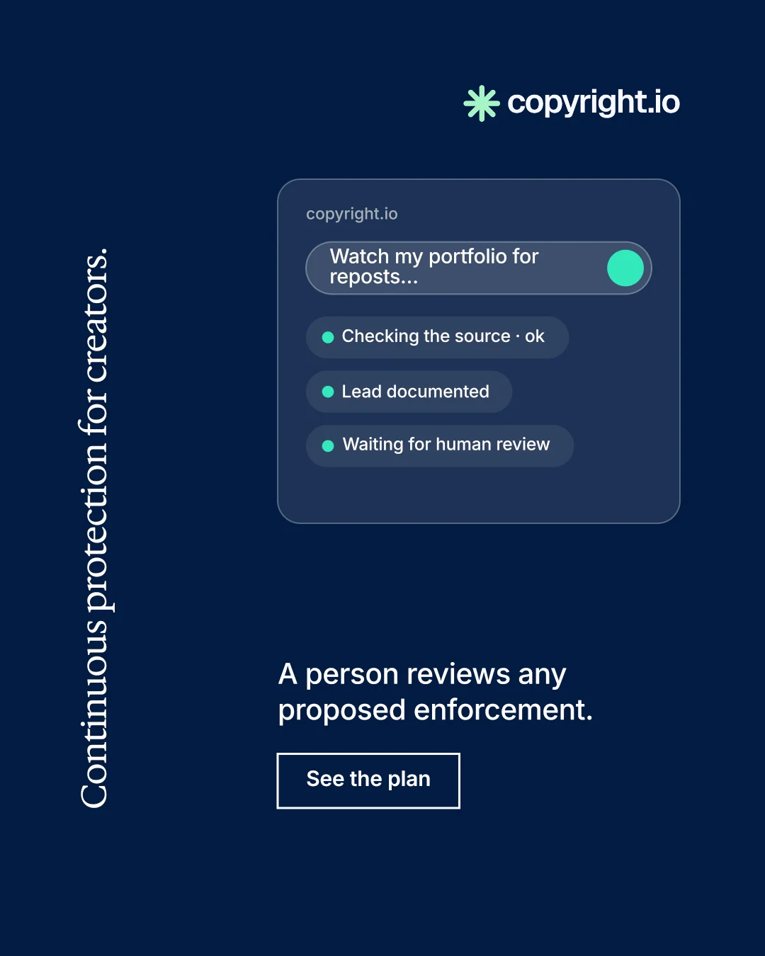 Instagram portrait post for copyright.io: "Continuous protection for creators." Editorial style, vertical layout, dark palette in blue.