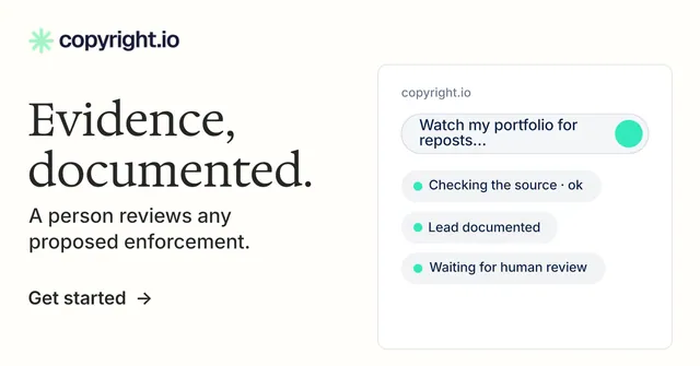 Social ad for copyright.io: "Evidence, documented." Minimal luxury style, bottom layout, light palette in white.